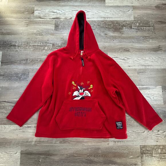 Vintage Looney Tunes Red Fleece Hoodie Pullover Sweatshirt Cartooncore Y2K - Picture 1 of 6
